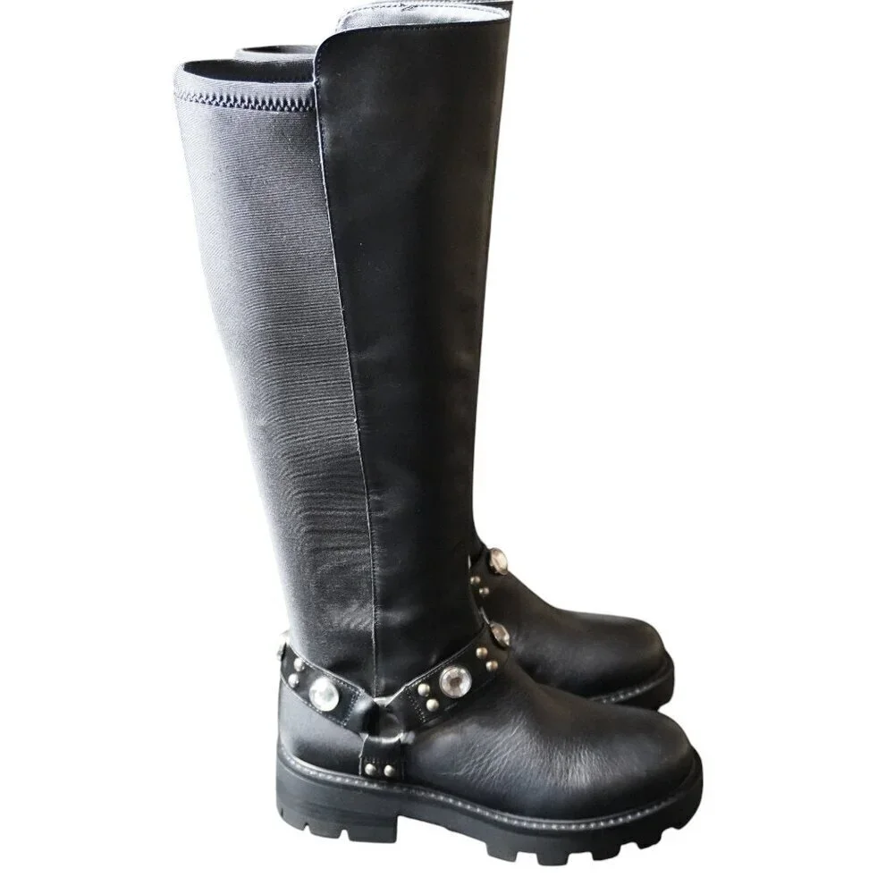 Karl Lagerfeld Milla Rhinestone Embellished Tall Leather Riding Boots
